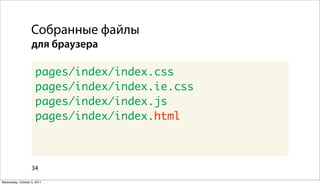 Собранные файлы
                   для браузера

                      pages/index/index.css
                      pages/index/index.ie.css
                      pages/index/index.js
                      pages/index/index.html



                   34

Wednesday, October 5, 2011
 
