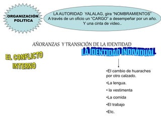 ORGANIZACIÓN
POLITICA
LA AUTORIDAD YALALAG, gira “NOMBRAMIENTOS”
A través de un oficio un “CARGO” a desempeñar por un año.
Y una cinta de video..
AÑORANZAS Y TRANSICIÓN DE LA IDENTIDAD
•El cambio de huaraches
por otro calzado.
•La lengua.
• la vestimenta
•La comida
•El trabajo
•Etc.
 