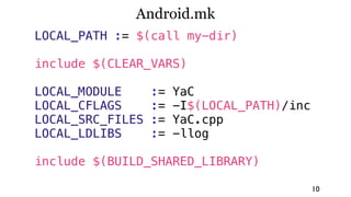 Android.mk
LOCAL_PATH := $(call my-dir)

include $(CLEAR_VARS)

LOCAL_MODULE      :=   YaC
LOCAL_CFLAGS      :=   -I$(LOCAL_PATH)/inc
LOCAL_SRC_FILES   :=   YaC.cpp
LOCAL_LDLIBS      :=   -llog

include $(BUILD_SHARED_LIBRARY)

                                             10
 