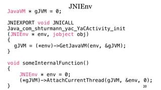 JNIEnv
JavaVM * gJVM = 0;

JNIEXPORT void JNICALL
Java_com_shturmann_yac_YaCActivity_init
(JNIEnv * env, jobject obj)
{
  gJVM = (*env)->GetJavaVM(env, &gJVM);
}

void someInternalFunction()
{
    JNIEnv * env = 0;
    (*gJVM)->AttachCurrentThread(gJVM, &env, 0);
}                                            20
 