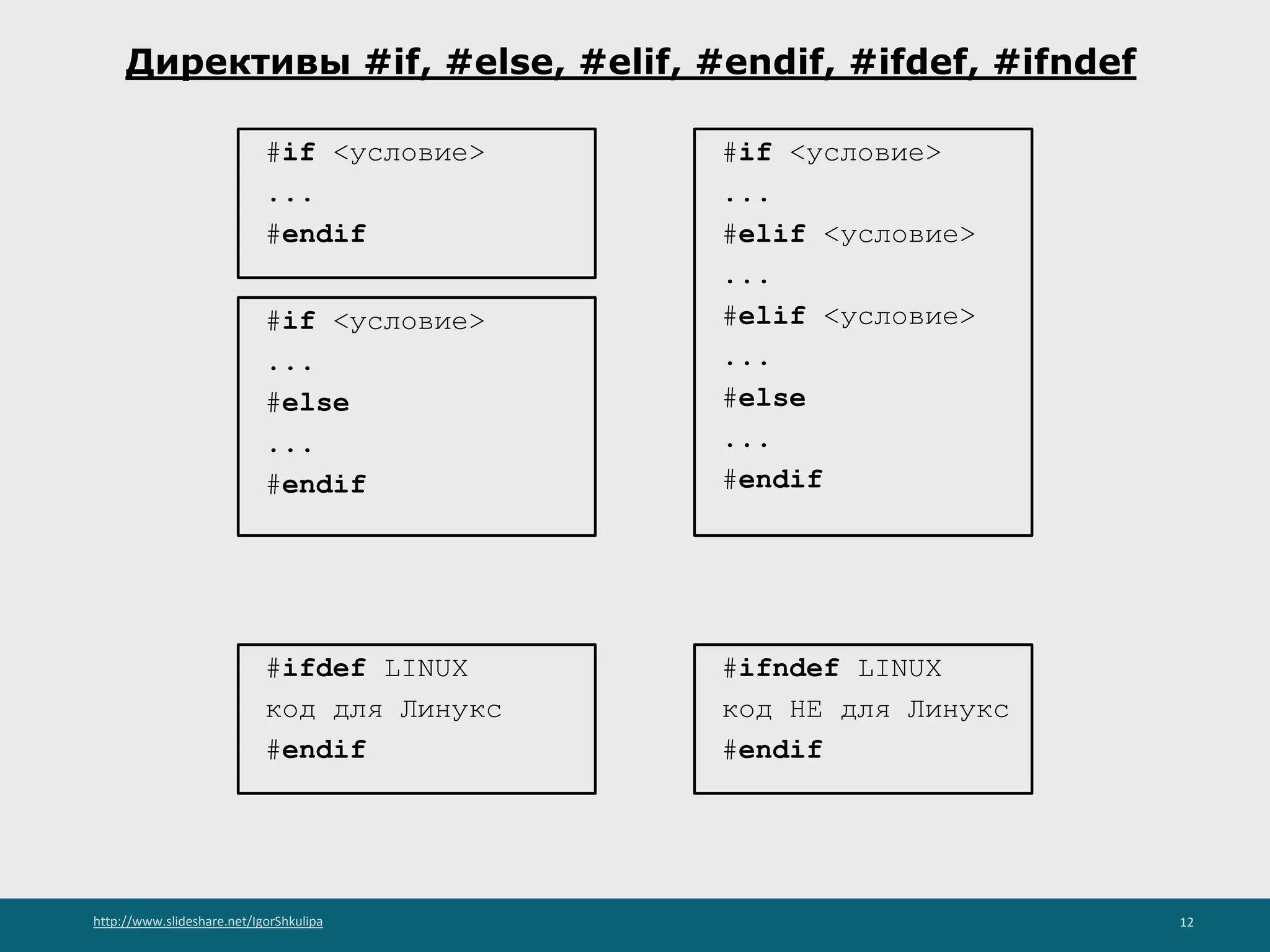 http://www.slideshare.net/IgorShkulipa 12
Директивы #if, #else, #elif, #endif, #ifdef, #ifndef
#if <условие>
...
#endif
#if <условие>
...
#else
...
#endif
#if <условие>
...
#elif <условие>
...
#elif <условие>
...
#else
...
#endif
#ifdef LINUX
код для Линукс
#endif
#ifndef LINUX
код НЕ для Линукс
#endif
 