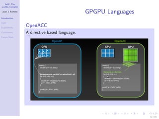 YaCF: The
accULL Compiler

Juan J. Fumero
                                                GPGPU Languages
Introduction

YaCF

Experiments
                  OpenACC
Conclusions       A directive based language.
Future Work




                                                                  32 / 85
 