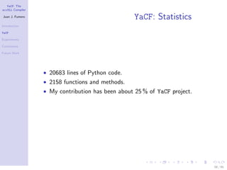 YaCF: The
accULL Compiler

Juan J. Fumero
                                                   YaCF: Statistics
Introduction

YaCF

Experiments

Conclusions

Future Work




                  • 20683 lines of Python code.
                  • 2158 functions and methods.
                  • My contribution has been about 25 % of YaCF project.




                                                                           58 / 85
 