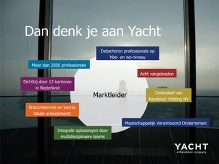 Dan denk je aan Yacht Marktleide r Dichtbij door 13 kantoren in Nederland Detacheren professionals op hbo- en wo-niveau Onderdeel van Randstad Holding NV Integrale oplossingen door multidisciplinaire teams Acht vakgebieden Branchekennis en kennis lokale arbeidsmarkt Maatschappelijk Verantwoord Ondernemen Meer dan 2500 professionals 