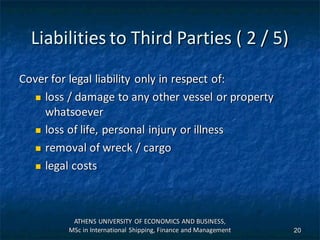 Liabilities to Third Parties ( 2 / 5)
Cover for legal liability only in respect of:
 loss / damage to any other vessel or property
whatsoever
 loss of life, personal injury or illness
 removal of wreck / cargo
 legal costs
ATHENS UNIVERSITY OF ECONOMICS AND BUSINESS,
MSc in International Shipping, Finance and Management 20
 