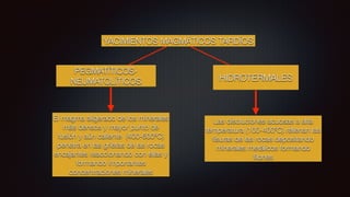 YACIMIENTOS MAGMÁTICOS TARDÍOS
El magma aligerado de los minerales
más densos y mayor punto de
fusión y aún caliente (400-600ºC)
penetra en las grietas de las rocas
encajantes reaccionando con ellas y
formando importantes
concentraciones minerales
PEGMATÍTICOS-
NEUMATOLÍTICOS HIDROTERMALES
Las disoluciones acuosas a alta
temperatura (100-400ºC) rellenan las
fi
suras de las rocas depositando
minerales metálicos formando
fi
lones
 