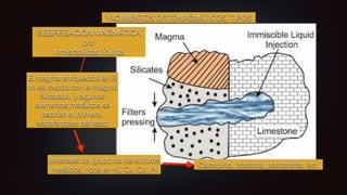 YACIMIENTOS ORTOMAGMÁTICOS. TIPOS
SEGREGACIÓN MAGMÁTICA
por
Inmiscibilidad líquida
El magma enriquecido en S
no se mezcla con el magma
silicatado, y algunos
elementos metálicos se
asocian al primero,
separándose del resto
Minerales del grupo de los sulfuros
metálicos, ricos en Ni, Cu, Co, Pt
Calcopirita, cobaltita, pentlandita, etc.
 