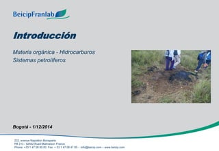 232, avenue Napoléon Bonaparte
PB 213 - 92502 Rueil-Malmaison France
Phone: +33 1 47 08 80 00 Fax: + 33 1 47 08 41 85 - info@beicip.com – www.beicip.com
Introducción
Bogotá - 1/12/2014
Materia orgánica - Hidrocarburos
Sistemas petrolíferos
 