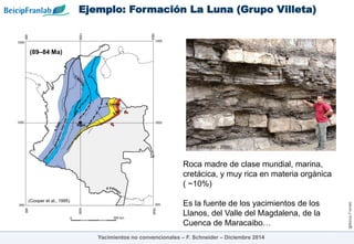 @Beicip-Franlab
Ejemplo: Formación La Luna (Grupo Villeta)
Yacimientos no convencionales – F. Schneider – Diciembre 2014
(89–84 Ma)
(Cooper et al., 1995)
(F. Schneider., 2006)
Roca madre de clase mundial, marina,
cretácica, y muy rica en materia orgánica
( ~10%)
Es la fuente de los yacimientos de los
Llanos, del Valle del Magdalena, de la
Cuenca de Maracaibo…
 