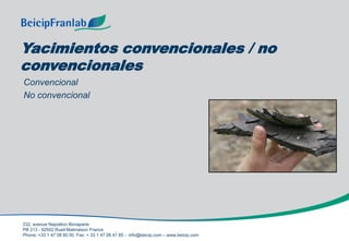 232, avenue Napoléon Bonaparte
PB 213 - 92502 Rueil-Malmaison France
Phone: +33 1 47 08 80 00 Fax: + 33 1 47 08 41 85 - info@beicip.com – www.beicip.com
Yacimientos convencionales / no
convencionales
Convencional
No convencional
 