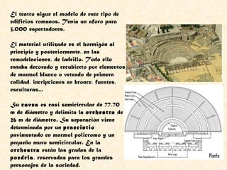 El teatro sigue el modelo de este tipo de edificios romanos. Tenía un aforo para 3.000 espectadores.    El material utilizado es el hormigón al principio y posteriormente, en las remodelaciones, de ladrillo. Todo ello estaba decorado y recubierto por elementos de marmol blanco o veteado de primera calidad, incripciones en bronce, fuentes, esculturas...    Su  cavea  es casi semicircular de 77,70 m de diámetro y delimita la  orchestra  de 26 m de diámetro. Su separación viene determinada por un  praecintio  pavimentado en marmol policromo y un pequeño muro semicircular. En la  orchestra  están las gradas de la  poedria , reservadas para los grandes personajes de la sociedad.    