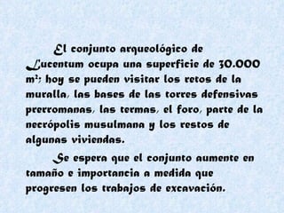 El conjunto arqueológico de Lucentum ocupa una superficie de 30.000 m 2 ; hoy se pueden visitar los retos de la muralla, las bases de las torres defensivas prerromanas, las termas, el foro, parte de la necrópolis musulmana y los restos de algunas viviendas. Se espera que el conjunto aumente en tamaño e importancia a medida que progresen los trabajos de excavación. 
