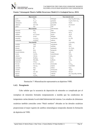 YACIMIENTOS TIPO VMS (VOLCANOGENIC MASSIVE
SULFIDE) O SULFUROS MASIVOS VOLCANOGENICOS
Aguilar Solano, E; Barrios Rosas, J; Diaz Torres, J; Huanca Medina, R; Rojas Santillán, A. Pág. 22
Fuente: Volcanogenic Massive Sulfide Occurrence Model (U.S. Geological Survey, 2012)
Ilustración 7: Mineralización representativa en depósitos VMS.
1.4.2. Paragénesis
Cabe señalar que la secuencia de deposición de minerales es complicada por el
reemplazo de minerales formados tempranamente a medida que las condiciones de
temperatura varían durante la actividad hidrotermal del sistema. Los estudios de chimeneas
oceánicas también conocidas como “black smokers” ubicadas en las dorsales oceánicas
proporcionan el mejor registro de cambios mineralógicos temporales durante la formación
de depósitos de VMS.
 