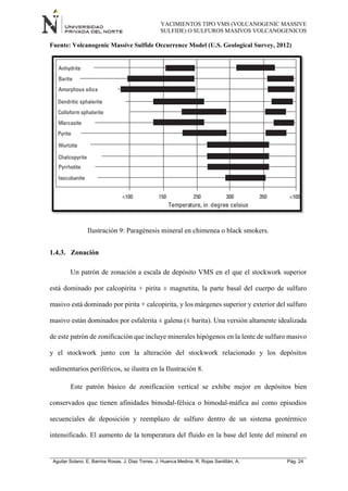 YACIMIENTOS TIPO VMS (VOLCANOGENIC MASSIVE
SULFIDE) O SULFUROS MASIVOS VOLCANOGENICOS
Aguilar Solano, E; Barrios Rosas, J; Diaz Torres, J; Huanca Medina, R; Rojas Santillán, A. Pág. 24
Fuente: Volcanogenic Massive Sulfide Occurrence Model (U.S. Geological Survey, 2012)
Ilustración 9: Paragénesis mineral en chimenea o black smokers.
1.4.3. Zonación
Un patrón de zonación a escala de depósito VMS en el que el stockwork superior
está dominado por calcopirita + pirita ± magnetita, la parte basal del cuerpo de sulfuro
masivo está dominado por pirita + calcopirita, y los márgenes superior y exterior del sulfuro
masivo están dominados por esfalerita ± galena (± barita). Una versión altamente idealizada
de este patrón de zonificación que incluye minerales hipógenos en la lente de sulfuro masivo
y el stockwork junto con la alteración del stockwork relacionado y los depósitos
sedimentarios periféricos, se ilustra en la Ilustración 8.
Este patrón básico de zonificación vertical se exhibe mejor en depósitos bien
conservados que tienen afinidades bimodal-félsica o bimodal-máfica así como episodios
secuenciales de deposición y reemplazo de sulfuro dentro de un sistema geotérmico
intensificado. El aumento de la temperatura del fluido en la base del lente del mineral en
 
