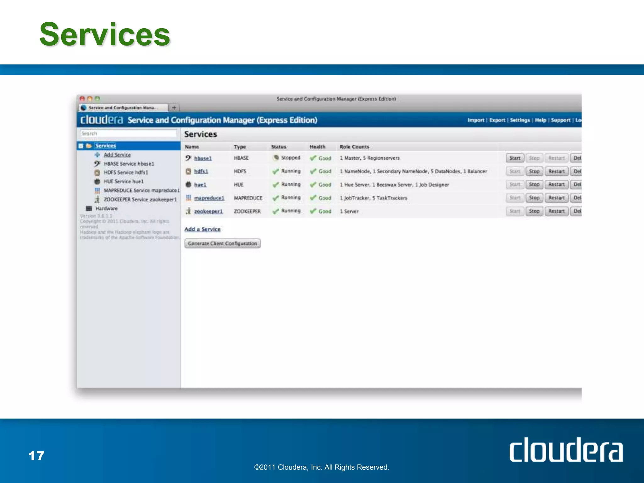 Services




17
            ©2011 Cloudera, Inc. All Rights Reserved.
 