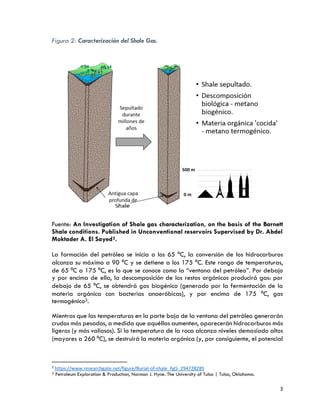 3
Figura 2: Caracterización del Shale Gas.
Fuente: An Investigation of Shale gas characterization, on the basis of the Barnett
Shale conditions. Published in Unconventional reservoirs Supervised by Dr. Abdel
Moktader A. El Sayed2.
La formación del petróleo se inicia a los 65 ⁰C, la conversión de los hidrocarburos
alcanza su máximo a 90 ⁰C y se detiene a los 175 ⁰C. Este rango de temperaturas,
de 65 ⁰C a 175 ⁰C, es lo que se conoce como la “ventana del petróleo”. Por debajo
y por encima de ella, la descomposición de los restos orgánicos producirá gas: por
debajo de 65 ⁰C, se obtendrá gas biogénico (generado por la fermentación de la
materia orgánica con bacterias anaeróbicas), y por encima de 175 ⁰C, gas
termogénico3.
Mientras que las temperaturas en la parte baja de la ventana del petróleo generarán
crudos más pesados, a medida que aquéllas aumenten, aparecerán hidrocarburos más
ligeros (y más valiosos). Si la temperatura de la roca alcanza niveles demasiado altos
(mayores a 260 ⁰C), se destruirá la materia orgánica (y, por consiguiente, el potencial
2
https://www.researchgate.net/figure/Burial-of-shale_fig5_294728285
3 Petroleum Exploration & Production, Norman J. Hyne. The University of Tulsa | Tulsa, Oklahoma.
 