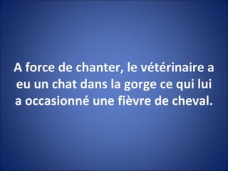 A force de chanter, le vétérinaire a eu un chat dans la gorge ce qui lui a occasionné une fièvre de cheval. 