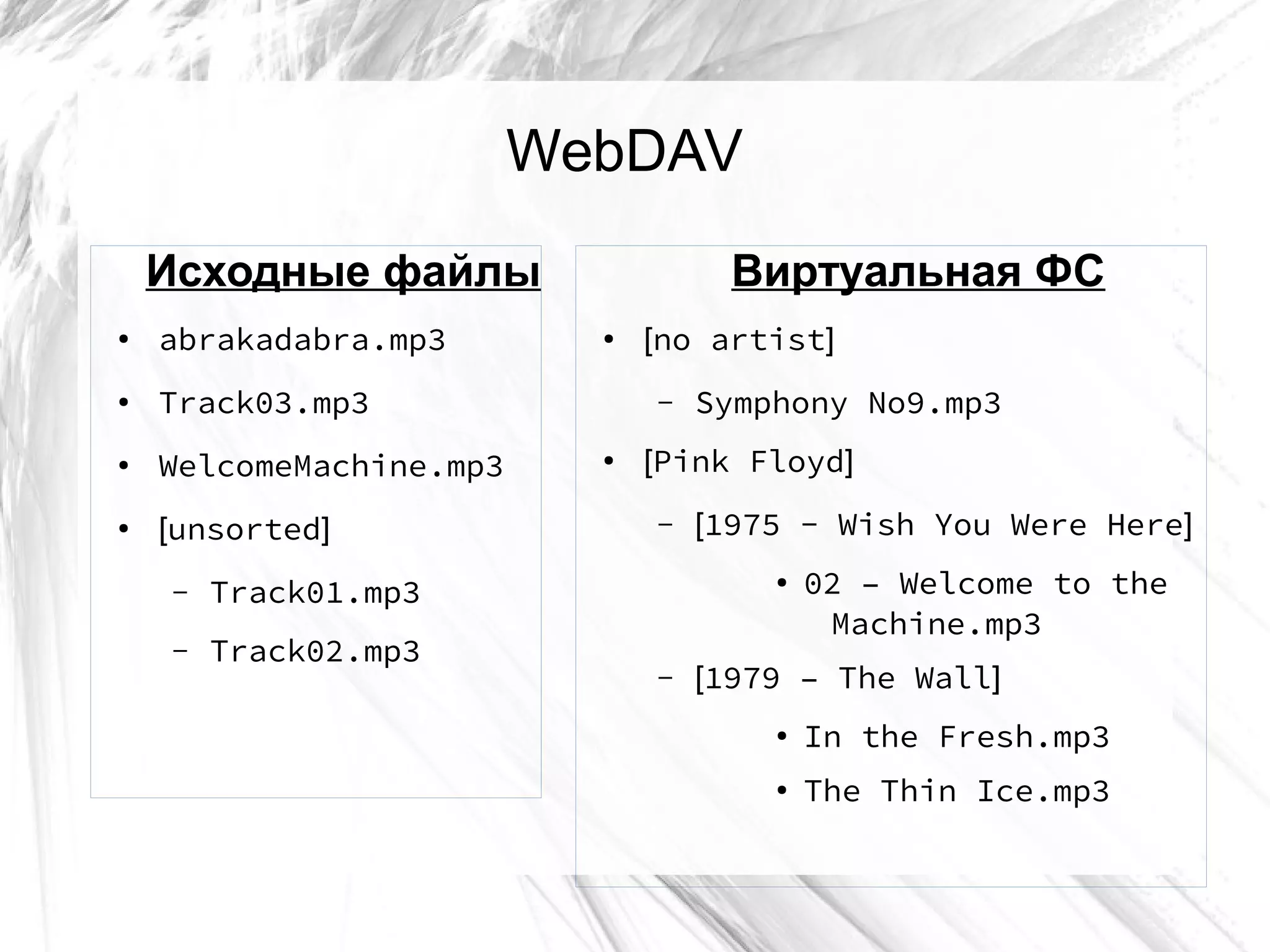 WebDAV
Исходные файлы
●
abrakadabra.mp3
●
Track03.mp3
●
WelcomeMachine.mp3
● [unsorted]
– Track01.mp3
– Track02.mp3
Виртуальная ФС
●
[no artist]
– Symphony No9.mp3
●
[Pink Floyd]
– [1975 - Wish You Were Here]
●
02 – Welcome to the
Machine.mp3
– [1979 – The Wall]
● In the Fresh.mp3
●
The Thin Ice.mp3
 