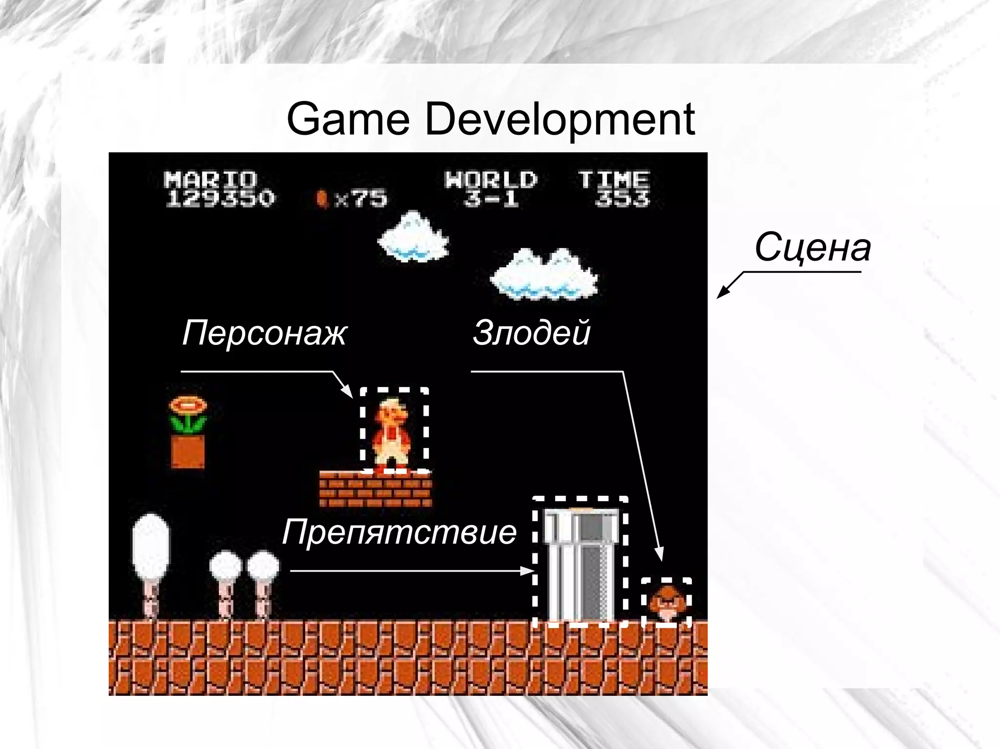 Game Development
Сцена
Персонаж
Препятствие
Злодей
 