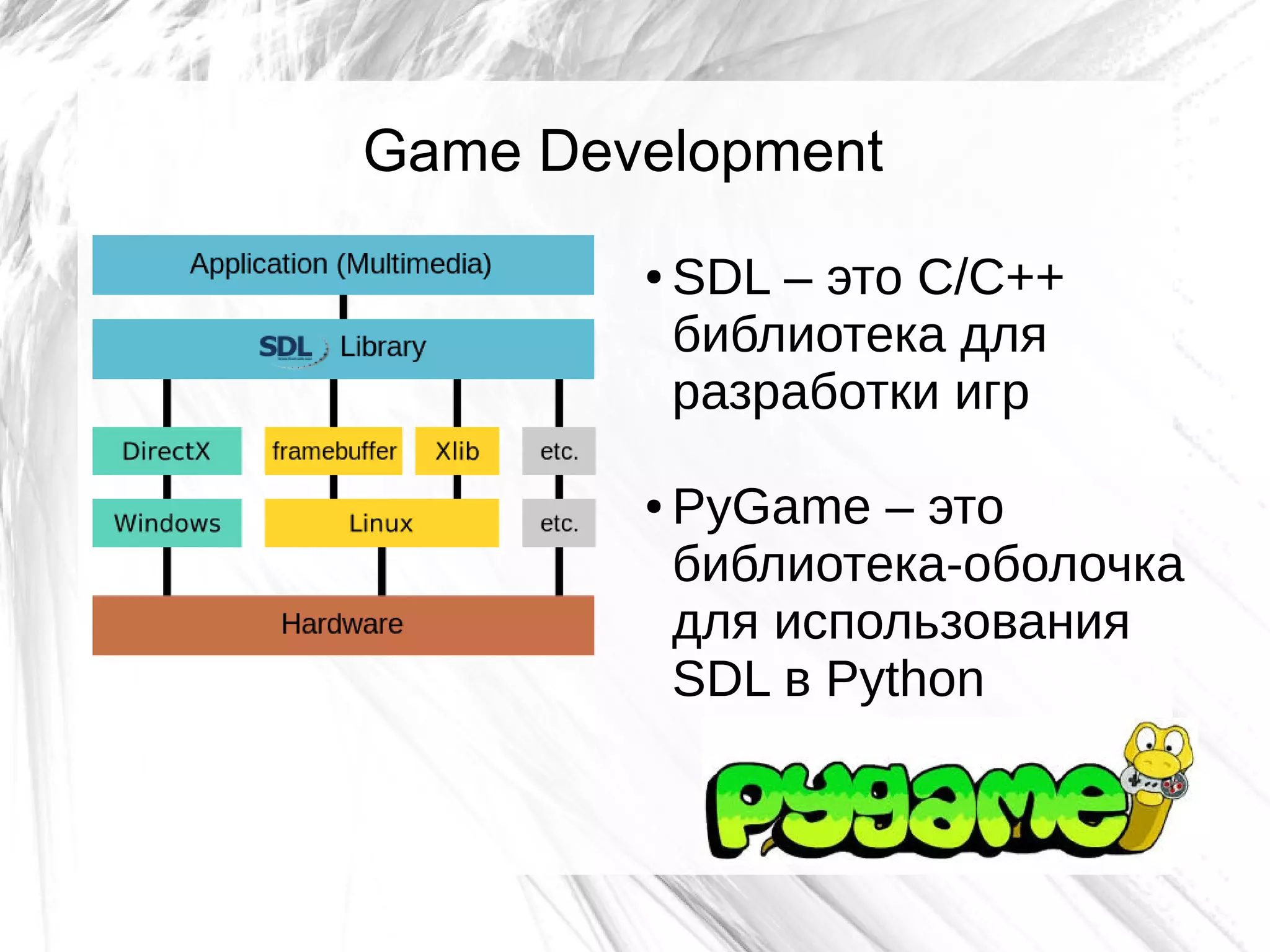 Game Development
● SDL – это C/C++
библиотека для
разработки игр
● PyGame – это
библиотека-оболочка
для использования
SDL в Python
 