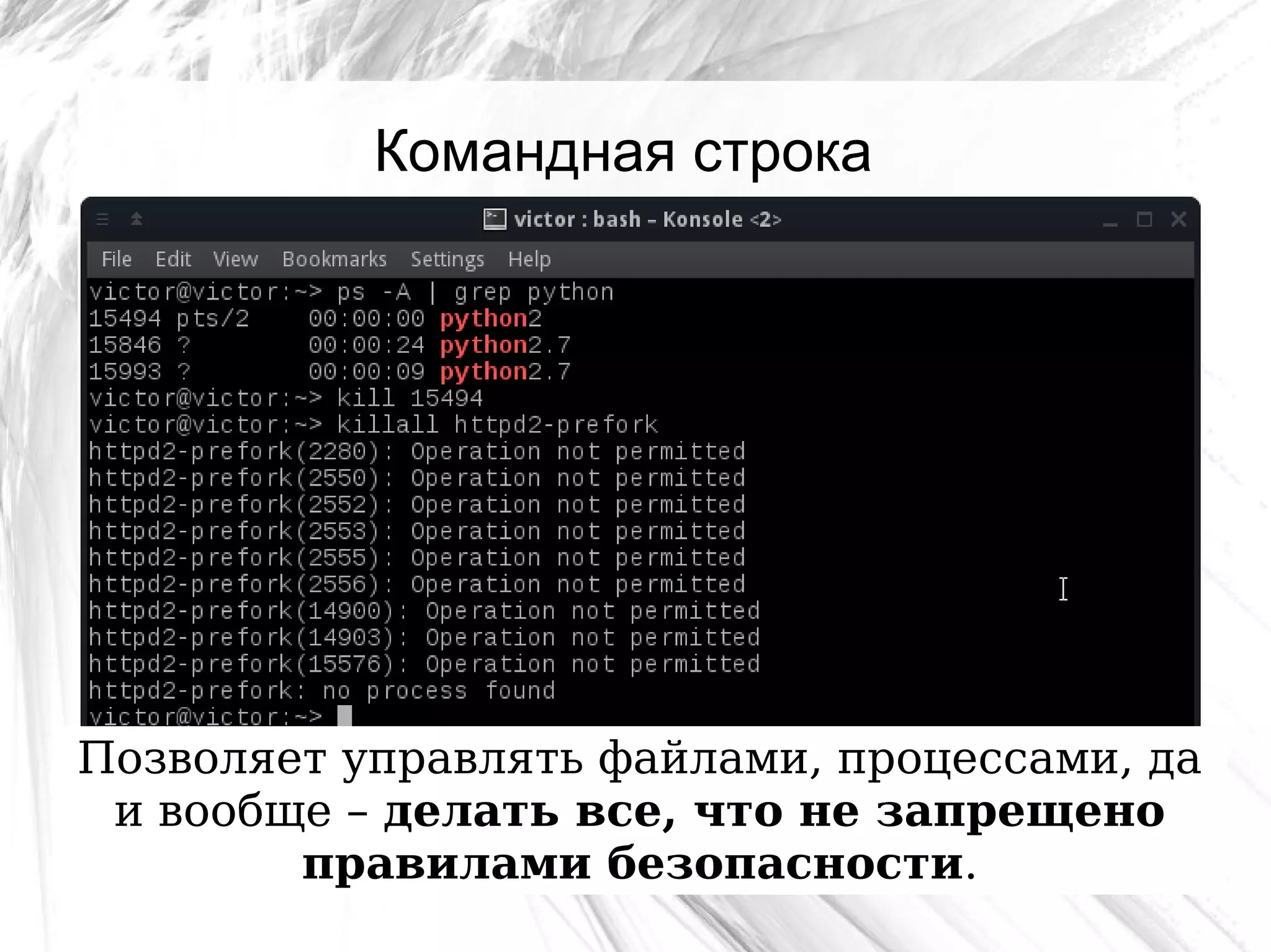 Командная строка
Позволяет управлять файлами, процессами, да
и вообще – делать все, что не запрещено
правилами безопасности.
 