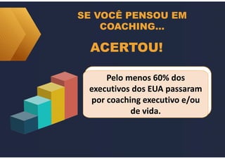 SE VOCÊ PENSOU EM
COACHING...
ACERTOU!
Pelo menos 60% dos
executivos dos EUA passaram
por coaching executivo e/ou
de vida.
 