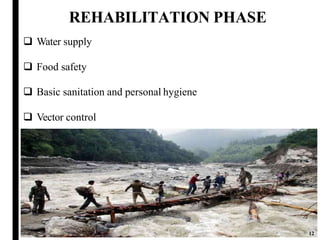 REHABILITATION PHASE
12
 Water supply
 Food safety
 Basic sanitation and personal hygiene
 Vector control
 