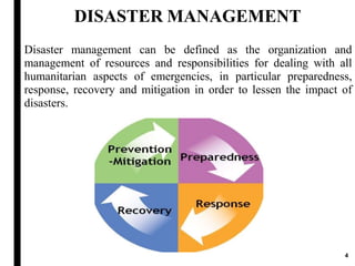 DISASTER MANAGEMENT
Disaster management can be defined as the organization and
management of resources and responsibilities for dealing with all
humanitarian aspects of emergencies, in particular preparedness,
response, recovery and mitigation in order to lessen the impact of
disasters.
4
 