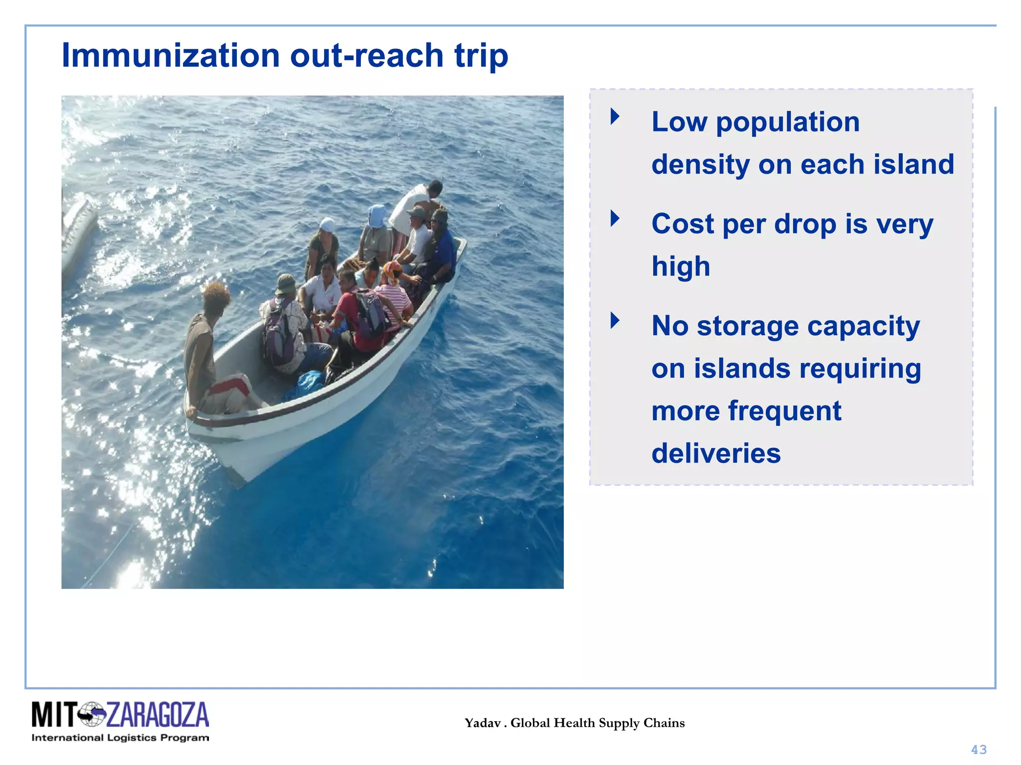 Yadav . Global Health Supply Chains
43
Immunization out-reach trip
 Low population
density on each island
 Cost per drop is very
high
 No storage capacity
on islands requiring
more frequent
deliveries
 