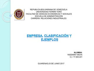 REPUBLICA BOLIVARIANA DE VENEZUELA
UNIVERSIDAD FERMIN TORO
FACULTAD DE CIENCIAS ECONOMICAS Y SOCIALES
ESCUELA DE ADMINISTRACIÓN
CARRERA: RELACIONES INDUSTRIALES
ALUMNA:
YADDINNY MOYA
C.I: 17.920.221
GUARENAS,03 DE JUNIO 2017
 