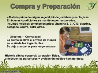 – Materia prima de origen vegetal, biodegradables y ecológicas.
En buenas condiciones se mantiene por temporadas.
Insumos médicos complementarios: vitamina E, C, Q10, elastina,
colágeno, azufre, entre otros.
– Glicerina – Crema base
La crema se lleva al envase de mezcla
se le añade los ingredientes.
Se deja atemperar para luego envasar
antecedentes personales + evaluación médico-hematológica.
Historia clínica corporal: valoración física,
 