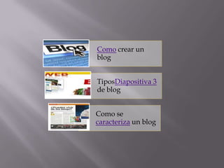 Como crear un
blog

TiposDiapositiva 3
de blog
Como se
caracteriza un blog

 