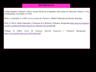 REFERENCIAS
Código Orgánico Tributario. (2014). Gaceta Oficial de la República Bolivariana de Venezuela, Número: 6.152,
Extraordinario. Noviembre 18, 2014.
Pérez, J y González, E. (1991). Curso de Derecho Tributario. Madrid: Editoriales de Derecho Reunidas.
Peris, P. (2011). Hecho Imponible y Estructura de la Relación Tributaria. Recuperado http://ocw.uv.es/ciencias-
sociales-y-juridicas/derecho-financiero-y-tributario-i/leccion9df.pdf
Villegas, H. (2001). Curso De Finanzas. Derecho Financiero y Tributario. Recuperado de
http://www.ejuridicosalta.com.ar/files/libro9.pdf
 