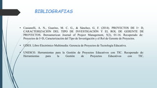 BIBLIOGRAFIAS
• Cassanelli, A. N., Guarino, M. C. G., & Sánchez, G. F. (2014). PROYECTOS DE I+ D,
CARACTERIZACIÓN DEL TIPO DE INVESTIGACIÓN Y EL ROL DE GERENTE DE
PROYECTOS. Iberoamerican Journal of Project Management, 5(2), 01-16. Recuperado de:
Proyectos de I+D, Caracterización del Tipo de Investigación y el Rol de Gerente de Proyectos.
• UDES. Libro Electrónico Multimedia: Gerencia de Proyectos de Tecnología Educativa.
• UNESCO. Herramientas para la Gestión de Proyectos Educativos con TIC. Recuperado de:
Herramientas para la Gestión de Proyectos Educativos con TIC.