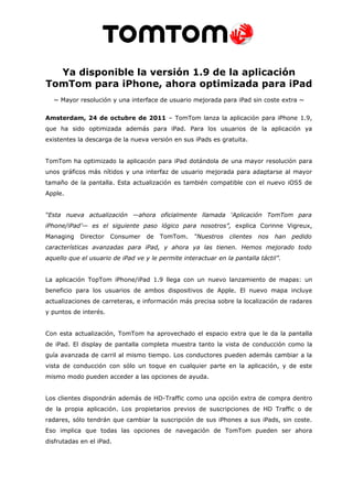 Ya disponible la versión 1.9 de la aplicación TomTom para iphone, ahora optimizada para ipad