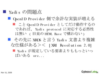 Yadis Ά} OpenID Provider ȤӋʌgװ  OpenID Provider ȤƤΤǤС Yadis protocol ˌꤹȻԤϟo  (  HTML Base ǘʤ ) Ȥ XRDS Ԥ Yadis ĕ}j˘룾  [XRI Resolution 2.0] Yadis ҎƤҪؤäȤäѤ  orz... 