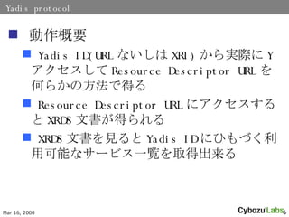 Yadis protocol Ҫ Yadis ID(URL ʤ XRI) gH Y  Resource Descriptor URL Τ餫ηǵä Resource Descriptor URL ˥ XRDS ĕä XRDS ĕҊ Yadis ID ˤҤŤÿܤʥ`ӥһEȡó 