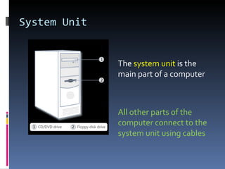 System Unit


              The system unit is the
              main part of a computer



              All other parts of the
              computer connect to the
              system unit using cables
 