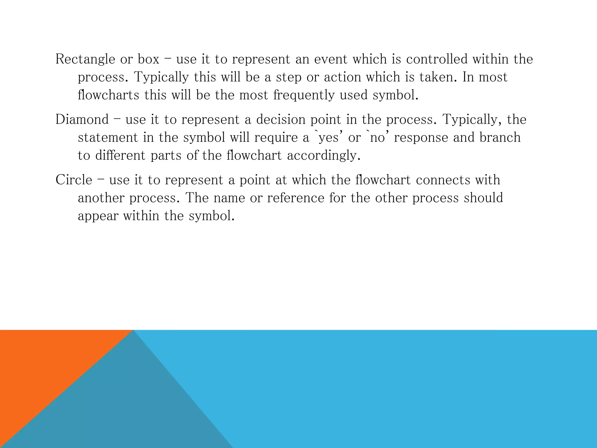 Rectangle or box - use it to represent an event which is controlled within the
process. Typically this will be a step or action which is taken. In most
flowcharts this will be the most frequently used symbol.
Diamond - use it to represent a decision point in the process. Typically, the
statement in the symbol will require a `yes' or `no' response and branch
to different parts of the flowchart accordingly.
Circle - use it to represent a point at which the flowchart connects with
another process. The name or reference for the other process should
appear within the symbol.
 