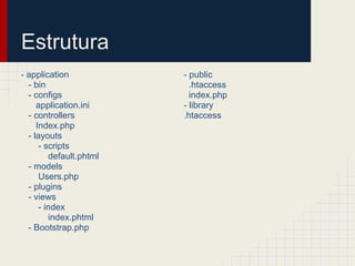 Estrutura
- application            - public
  - bin                    .htaccess
  - configs                index.php
     application.ini     - library
  - controllers          .htaccess
     Index.php
  - layouts
      - scripts
         default.phtml
  - models
      Users.php
  - plugins
  - views
      - index
         index.phtml
  - Bootstrap.php
 