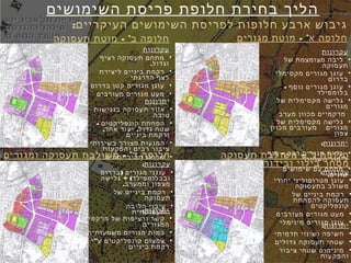 ‫השימושים‬ ‫פריסת‬ ‫חלופת‬ ‫בחירת‬ ‫הליך‬
:‫העיקריים‬ ‫השימושים‬ ‫לפריסת‬ ‫חלופות‬ ‫ארבע‬ ‫גיבוש‬
- ’‫מגורים‬ ‫מוטת‬ ‫א‬ ‫חלופה‬
‫עקרונות‬
•‫של‬ ‫מצומצמת‬ ‫ליבה‬
‫תעסוקה‬
•‫מקסימלי‬ ‫מגורים‬ ‫עוגן‬
‫בדרום‬
•- ‫נוסף‬ ‫מגורים‬ ‫עוגן‬
‫בלומפילד‬
•‫של‬ ‫מקסימלית‬ ‫גלישה‬
‫מגורים‬
‫מערב‬ ‫מכוון‬ ‫מרקמיים‬
•‫של‬ ‫מקסימלית‬ ‫גלישה‬
‫מכוון‬ ‫מעורבים‬ ‫מגורים‬
‫צפון‬
‫יתרונות‬:
•–‫סוף‬ ‫רבה‬ ‫מגורים‬ ‫כמות‬
"‫השחור‬ ‫חור‬ ‫ל‬“
•‫שימושים‬ ‫עם‬ ‫מתחם‬
.‫שונים‬
- ’‫תעסוקה‬ ‫מוטת‬ ‫ב‬ ‫חלופה‬
‫עקרונות‬
•‫רציף‬ ‫תעסוקה‬ ‫מתחם‬
.‫וגדול‬
•‫ליצירת‬ ‫ביניים‬ ‫רקמת‬
‫הדרגתי‬ ‫רצף‬
•‫בדרום‬ ‫קטן‬ ‫מגורים‬ ‫עוגן‬
•‫מעורבים‬ ‫מגורים‬ ‫מעט‬
‫י‬‫תרונות‬
•‫בנגישות‬ ‫תעסוקה‬ ‫אזור‬
‫טובה‬
•‫קונפליקטים‬ ‫הפחתת‬-
, ,‫אחד‬ ‫יעוד‬ ‫גדול‬ ‫שטח‬
‫ביניים‬ ‫ורקמת‬
•‫בשירותי‬ ‫מצורך‬ ‫המנעות‬
‫והפקעות‬ ‫רבים‬ ‫ציבור‬
•‫יחסית‬ ‫מהיר‬ ‫שדרוג‬ – ’‫תעסוקה‬ ‫משולבת‬ ‫ג‬ ‫חלופה‬
‫ובידור‬ ‫בילוי‬ ‫מסחר‬
‫עקרונות‬:
•‫יחודי‬ ‫מטרופוליני‬ ‫עוגן‬
‫בתעסוקה‬ ‫משולב‬
•‫של‬ ‫ביניים‬ ‫רקמת‬
‫להפחתת‬ ‫תעסוקה‬
‫קונפליקטים‬
•‫מעורבים‬ ‫מגורים‬ ‫מעט‬
•‫מינימלי‬ ‫מגורים‬ ‫עוגן‬‫יתרונות‬:
•‫תדמיתי‬ ‫ושינוי‬ ‫חשיפה‬
•‫גדולים‬ ‫תעסוקה‬ ‫שטחי‬
•‫ציבור‬ ‫שטחי‬ ‫מינימום‬
‫והפקעות‬
- ’‫משולבת‬ ‫ד‬ ‫חלופה‬‫ומגורים‬ ‫תעסוקה‬
‫עקרונות‬:
•)‫בדרום‬ ‫מגורים‬ ‫עוגני‬
+ (‫גלישה‬ ‫ובבלומפילד‬
.‫וממערב‬ ‫מצפון‬
•‫של‬ ‫ביניים‬ ‫רקמת‬
‫תעסוקה‬
•‫הליבה‬ ‫עיבוי‬
‫התעסוקתית‬‫יתרונות‬:
•‫מרקמי‬ ‫של‬ ‫ורציפות‬ ‫קשר‬
‫המגורים‬
•‫משמעותית‬ ‫מגורים‬ ‫כמות‬
•”‫י‬ ‫ע‬ ‫קונפליקטים‬ ‫צמצום‬
‫ביניים‬ ‫רקמת‬
 