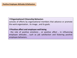 Organizational Citizenship Behaviors
consists of efforts by organizational members that advance or promote
the work organization , its image , and its goals.
Positive affect and employee well-being
the role of positive emotions , or positive affect , in influencing
employee attitudes , such as job satisfaction and fostering positive
employee behaviors.
Positive Employee Attitudes & Behaviors
 