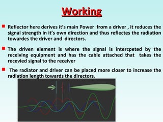 WorkingWorking
 Reflector here derives it’s main Power from a driver , it reduces the
signal strength in it’s own direction and thus reflectes the radiation
towardes the driver and directors.
 The driven element is where the signal is intercpeted by the
receiving equipment and has the cable attached that takes the
recevied signal to the receiver
 The radiator and driver can be placed more closer to increase the
radiation length towards the directors.
 