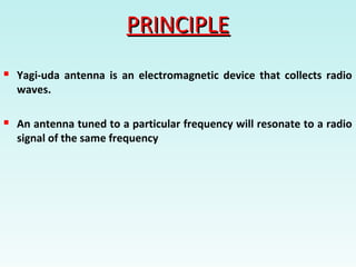 PRINCIPLEPRINCIPLE
 Yagi-uda antenna is an electromagnetic device that collects radio
waves.
 An antenna tuned to a particular frequency will resonate to a radio
signal of the same frequency
 