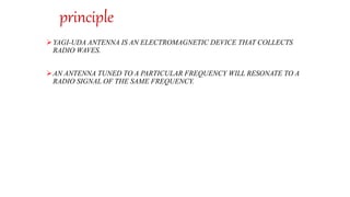principle
YAGI-UDA ANTENNA IS AN ELECTROMAGNETIC DEVICE THAT COLLECTS
RADIO WAVES.
AN ANTENNA TUNED TO A PARTICULAR FREQUENCY WILL RESONATE TO A
RADIO SIGNAL OF THE SAME FREQUENCY.
 