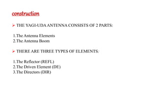 construction
 THE YAGI-UDAANTENNA CONSISTS OF 2 PARTS:
1.The Antenna Elements
2.The Antenna Boom
 THERE ARE THREE TYPES OF ELEMENTS:
1.The Reflector (REFL)
2.The Driven Element (DE)
3.The Directors (DIR)
 