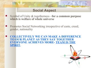  Symbol of Unity & togetherness –for a common purpose
which is welfare of whole universe
 Promotes Social Networking irrespective of caste, creed,
gender, nationality
 COLLECTIVELY WE CAN MAKE A DIFFERENCE
TO OUR PLANET AS THEY SAY TOGETHER
EVERYONE ACHIEVES MORE- TEAM IS THE
SPIRIT.
Social Aspect
 