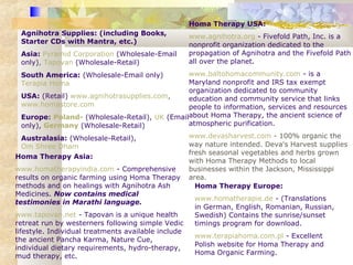 Agnihotra Supplies: (including Books,
Starter CDs with Mantra, etc.)
Asia: Pyramid Corporation (Wholesale-Email
only), Tapovan (Wholesale-Retail)
South America: (Wholesale-Email only)
Terapia Homa
USA: (Retail) www.agnihotrasupplies.com,
www.homastore.com
Europe: Poland- (Wholesale-Retail), UK (Email
only), Germany (Wholesale-Retail)
Australasia: (Wholesale-Retail),
Om Shree Dham
Homa Therapy USA:
www.agnihotra.org - Fivefold Path, Inc. is a
nonprofit organization dedicated to the
propagation of Agnihotra and the Fivefold Path
all over the planet.
www.baltohomacommunity.com - is a
Maryland nonprofit and IRS tax exempt
organization dedicated to community
education and community service that links
people to information, services and resources
about Homa Therapy, the ancient science of
atmospheric purification.
www.devasharvest.com - 100% organic the
way nature intended. Deva's Harvest supplies
fresh seasonal vegetables and herbs grown
with Homa Therapy Methods to local
businesses within the Jackson, Mississippi
area.
Homa Therapy Asia:
www.homatherapyindia.com - Comprehensive
results on organic farming using Homa Therapy
methods and on healings with Agnihotra Ash
Medicines. Now contains medical
testimonies in Marathi language.
www.tapovan.net - Tapovan is a unique health
retreat run by westerners following simple Vedic
lifestyle. Individual treatments available include
the ancient Pancha Karma, Nature Cue,
individual dietary requirements, hydro-therapy,
mud therapy, etc.
Homa Therapy Europe:
www.homatherapie.de - (Translations
in German, English, Romanian, Russian,
Swedish) Contains the sunrise/sunset
timings program for download. 
www.terapiahoma.com.pl - Excellent
Polish website for Homa Therapy and
Homa Organic Farming.
 