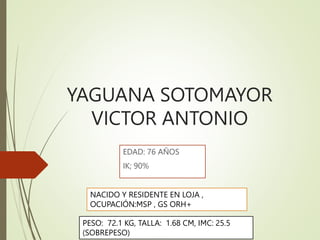 YAGUANA SOTOMAYOR
VICTOR ANTONIO
EDAD: 76 AÑOS
IK; 90%
NACIDO Y RESIDENTE EN LOJA ,
OCUPACIÓN:MSP , GS ORH+
PESO: 72.1 KG, TALLA: 1.68 CM, IMC: 25.5
(SOBREPESO)
 