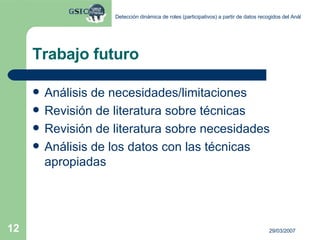 Trabajo futuro Análisis de necesidades/limitaciones Revisión de literatura sobre técnicas Revisión de literatura sobre necesidades Análisis de los datos con las técnicas apropiadas 